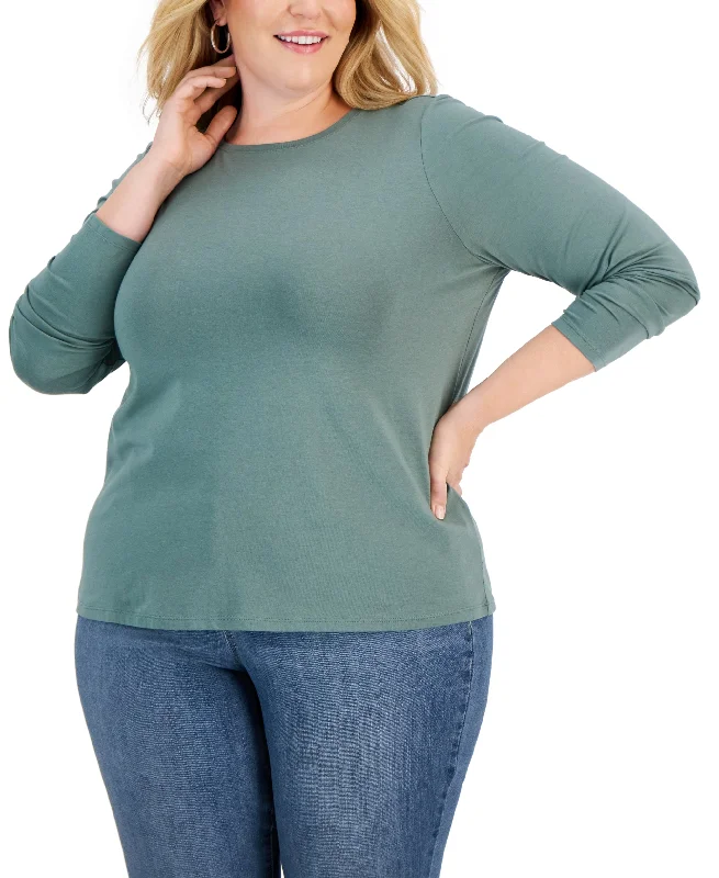 Style & Co Plus Size Long Sleeve T-Shirt Notch Collar Peter Pan Collar Cowl Neck