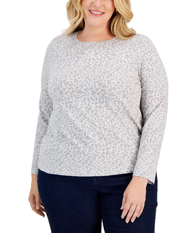 Style & Co Plus Size Printed Long Sleeve T-Shirt Collared Crew Neck Turtle Neck