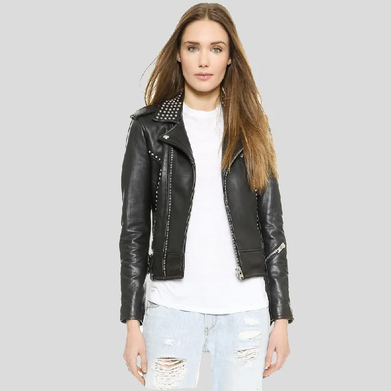 Amia Black Studded Leather Jacket Satin Jacket Silk Jacket Chiffon Jacket