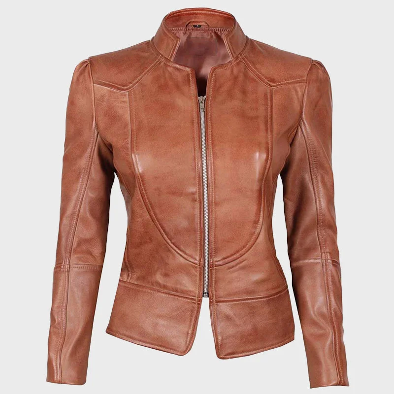 Amy Women Brown Fitted Leather Jacket Cardigan Sweater Pullover