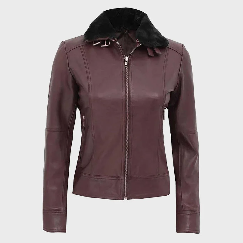 Women's Brown Leather Jacket with Fur Collar Welt Pockets Slit Pockets Flap Pockets