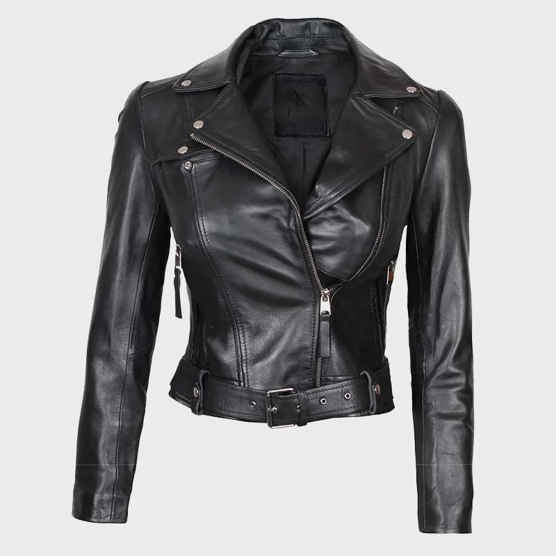 Women’s Black Lambskin Leather Asymmetrical Moto Jacket Cardigan Sweater Pullover