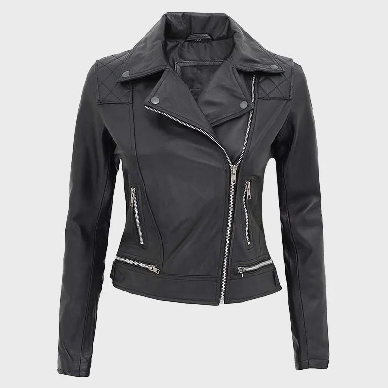 Asti Women Zipper Black Quilted Leather Jacket Embroidered Jacket Appliqued Jacket Beaded Jacket Asti Women Zipper Black Quilted Leather Jacket Embroidered Jacket Appliqued Jacket Beaded Jacket