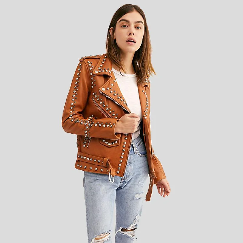 Avail Tan Studded Leather Jacket A-Line Jacket Boat Neck Shawl Collar