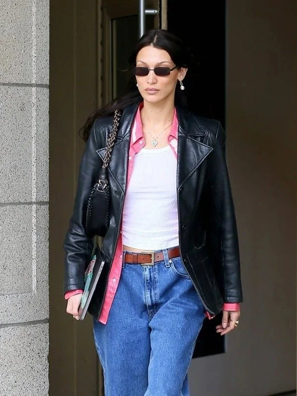 Bella Hadid Leather Jacket Black Button Closure V-Neck Jacket Boat Neck Jacket Square Neck Jacket Bella Hadid Leather Jacket Black Button Closure V-Neck Jacket Boat Neck Jacket Square Neck Jacket