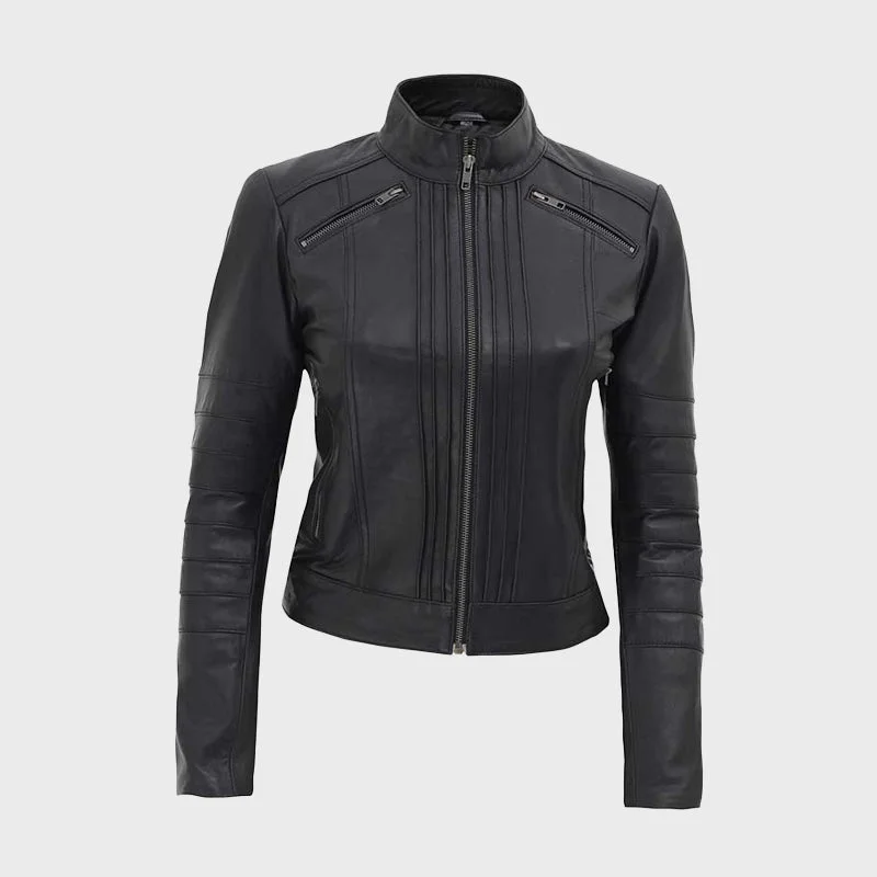 Bergamo Women Black Slim Fit Genuine Leather Jacket Herringbone Jacket Checkered Jacket Solid Jacket Bergamo Women Black Slim Fit Genuine Leather Jacket Herringbone Jacket Checkered Jacket Solid Jacket