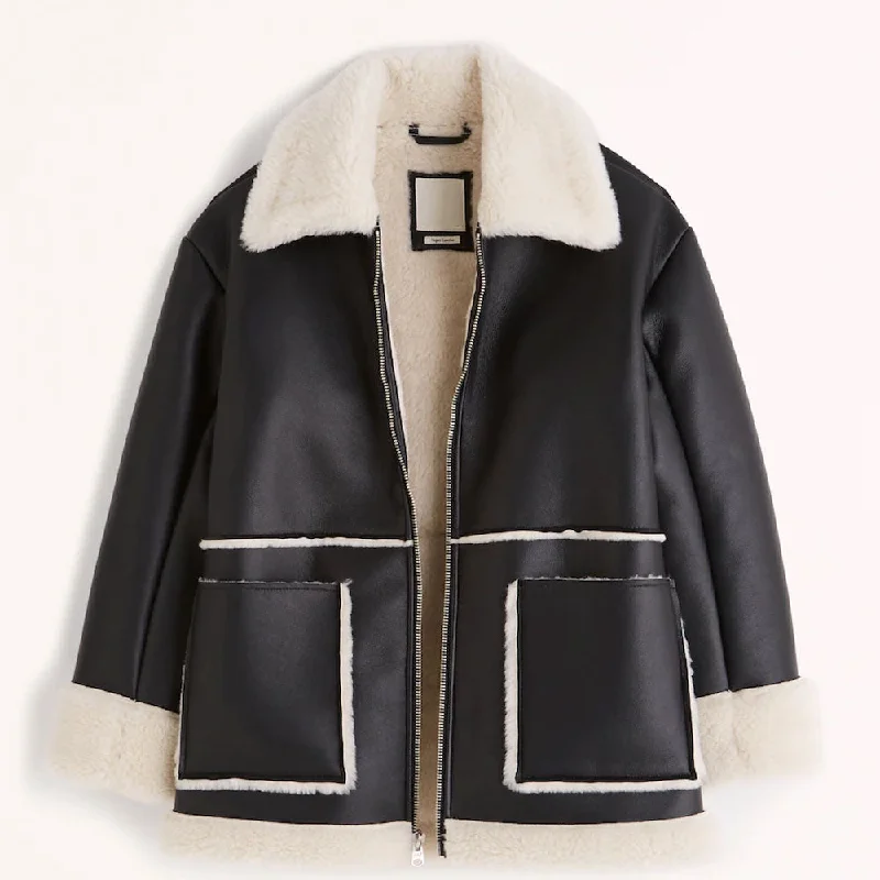 Black B3 RAF Aviator Flight Shearling Leather Jacket For Women Knit Fabric Woven Fabric Fleece Fabric Black B3 RAF Aviator Flight Shearling Leather Jacket For Women Knit Fabric Woven Fabric Fleece Fabric