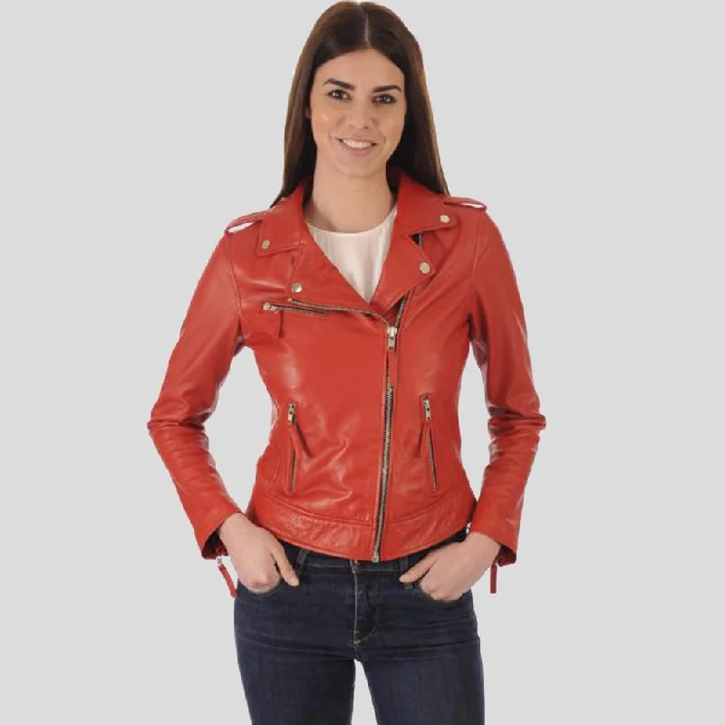 Callie Red Biker Leather Jacket Bomber Jacket Anorak Windbreaker