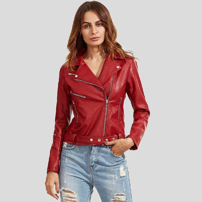Diana Red Biker Leather Jacket Chenille Fabric Brocade Fabric Lace Fabric