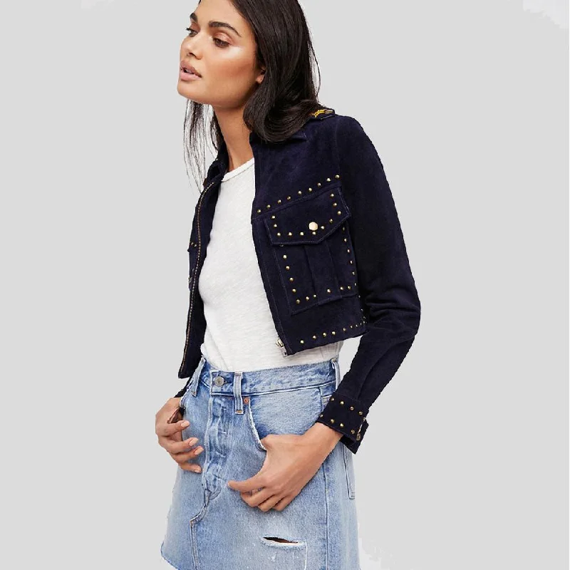 Eliza Blue Studded Suede Leather Jacket Knit Jacket Woven Jacket Fleece Jacket