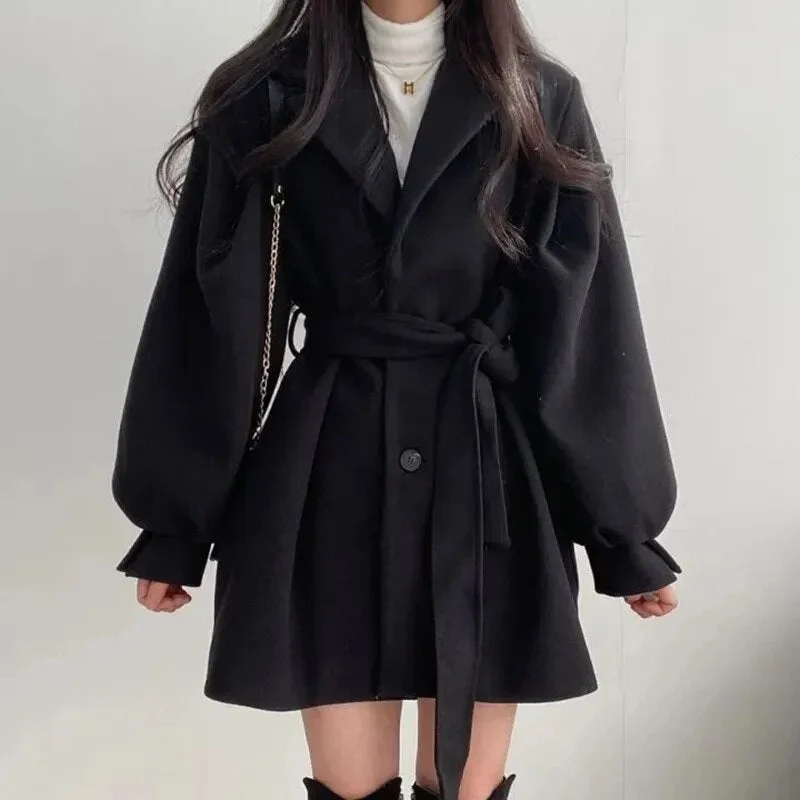 Getadme Women Woolen Coat Autumn Winter Elegant Korean Solid Thick Warm Mid Length Lapel Belt Jacket Office Lady Slim Trendy Outwear Fleece Fabric Down Fabric Feather Fabric