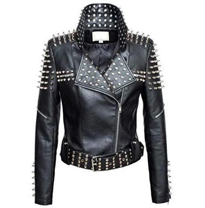 Handmade Women Black Punk Silver Spiked Studded Leather Biker Jacket Tiered Jacket Buttoned Jacket Zippered Jacket Handmade Women Black Punk Silver Spiked Studded Leather Biker Jacket Tiered Jacket Buttoned Jacket Zippered Jacket