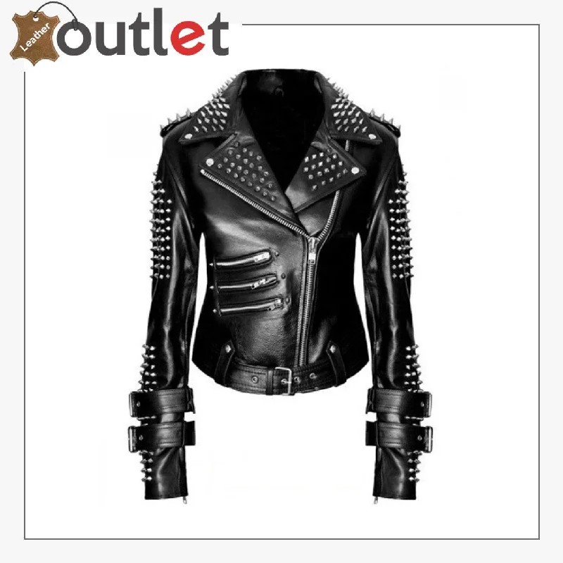 Handmade Women Black Punk Silver Spiked Studded Leather Biker Jacket Zippered Jacket Buttoned Jacket Snapped Jacket Handmade Women Black Punk Silver Spiked Studded Leather Biker Jacket Zippered Jacket Buttoned Jacket Snapped Jacket