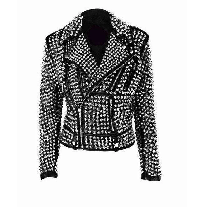 Handmade Women Rock Star All over Silver Studded Cowhide Leather Jacket Print Jacket Jacquard Jacket Patchwork Jacket Handmade Women Rock Star All over Silver Studded Cowhide Leather Jacket Print Jacket Jacquard Jacket Patchwork Jacket