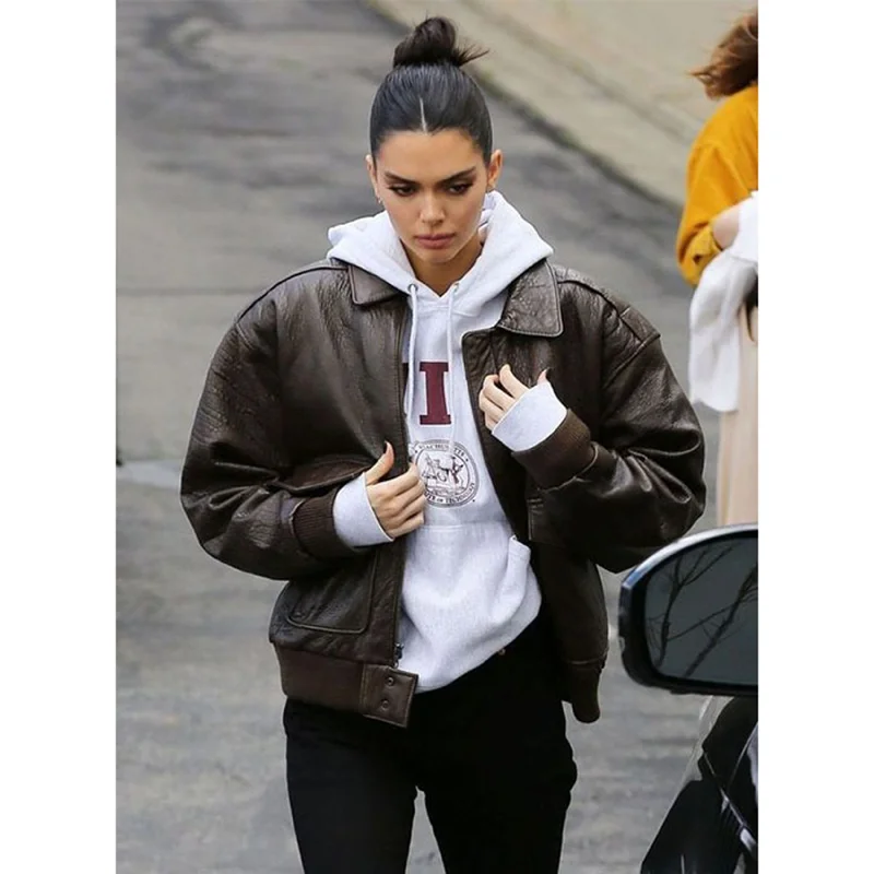 Kendall Jenner Real Leather Jacket Brown Zip Front Button Front Snap Front