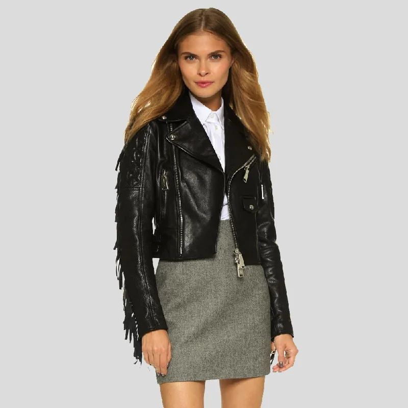 Kiana Black Biker Fringes Leather Jacket Print Jacket Jacquard Jacket Embroidered Jacket Kiana Black Biker Fringes Leather Jacket Print Jacket Jacquard Jacket Embroidered Jacket