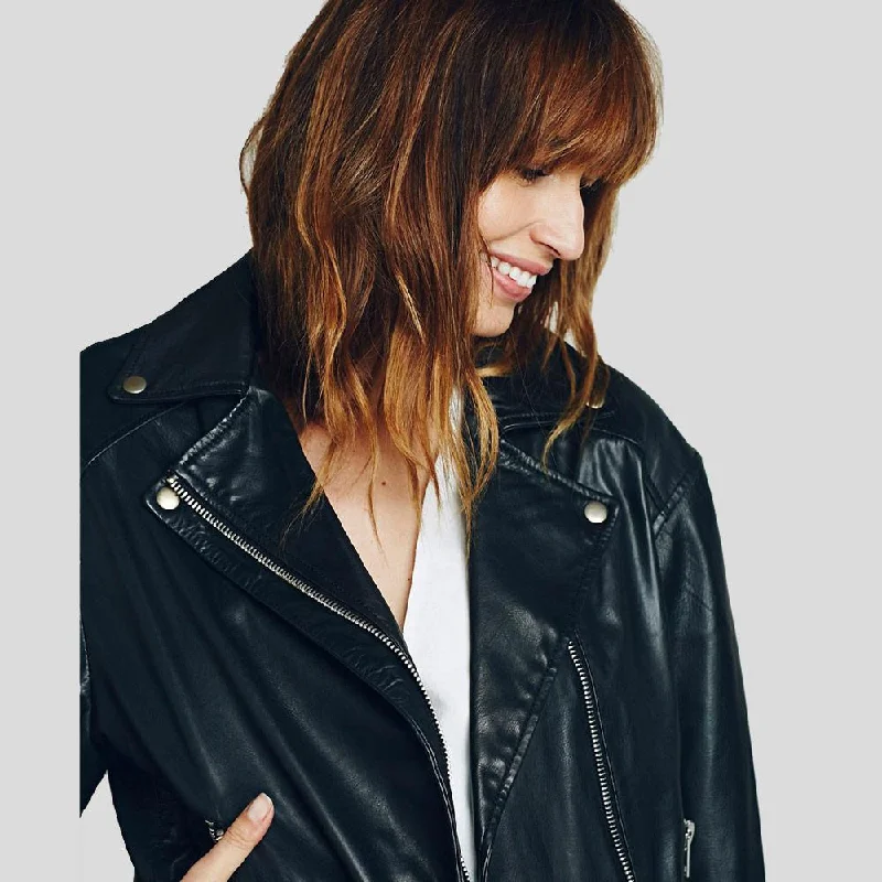 Lucia Black Biker Leather Jacket Satin Jacket Silk Jacket Chiffon Jacket