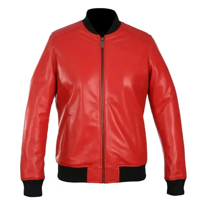 Lyla Women's Real Leather Bomber Jacket Red Fleece Fabric Down Fabric Feather Fabric Lyla Women's Real Leather Bomber Jacket Red Fleece Fabric Down Fabric Feather Fabric