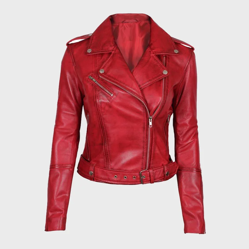 Margaret Red Ladies Biker Leather Jacket Zippered Jacket Buttoned Jacket Snapped Jacket