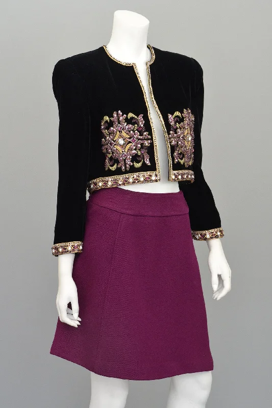 Mary McFadden Plum Velvet Beaded Cropped Evening Jacket Appliqued Jacket Beaded Jacket Sequined Jacket Mary McFadden Plum Velvet Beaded Cropped Evening Jacket Appliqued Jacket Beaded Jacket Sequined Jacket
