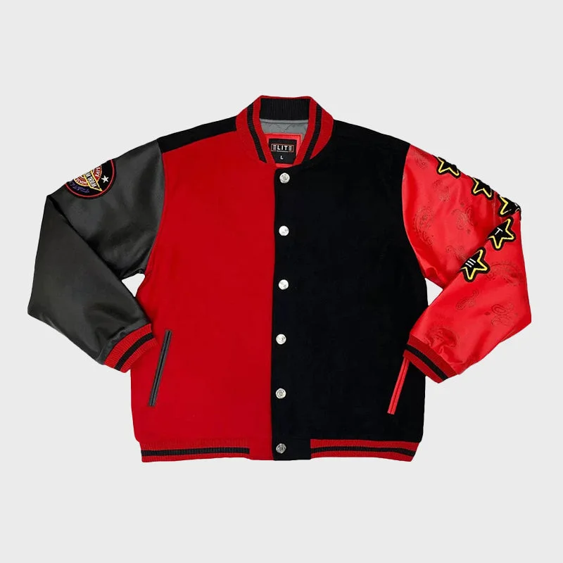 Men’s Red Varsity Jacket Welt Pockets Slit Pockets Flap Pockets