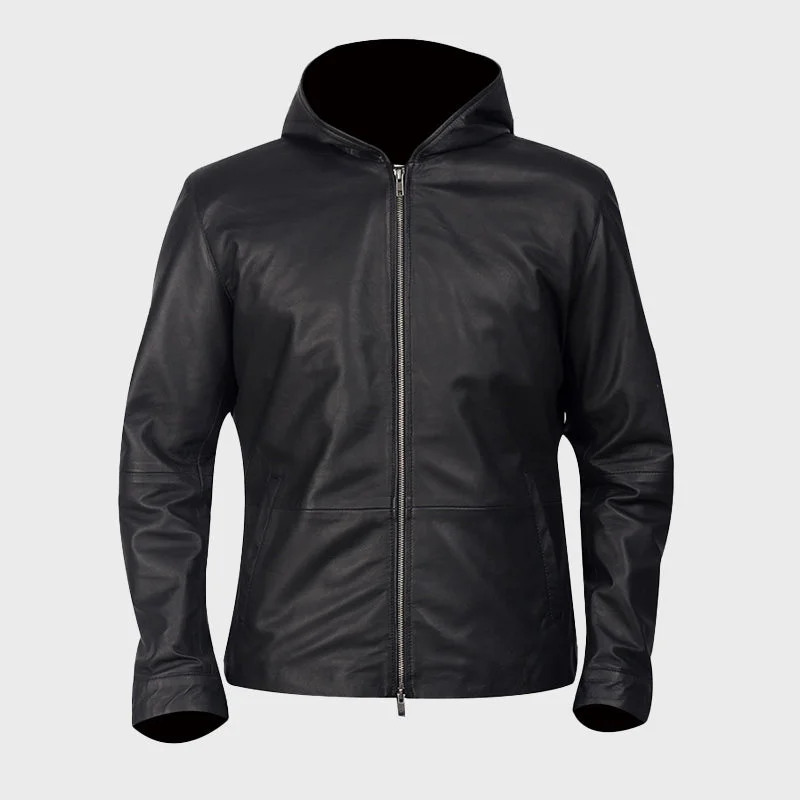 Men's Andy Matte Black Hooded Leather Jacket Stand-Up Collar Roll-Neck Collar Turtle Neck Men's Andy Matte Black Hooded Leather Jacket Stand-Up Collar Roll-Neck Collar Turtle Neck