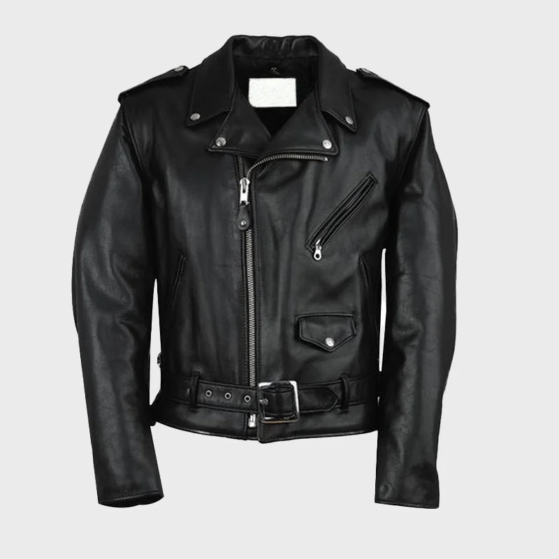 Men's Black Motorcycle Leather Jacket V-Neck Jacket Boat Neck Jacket Square Neck Jacket