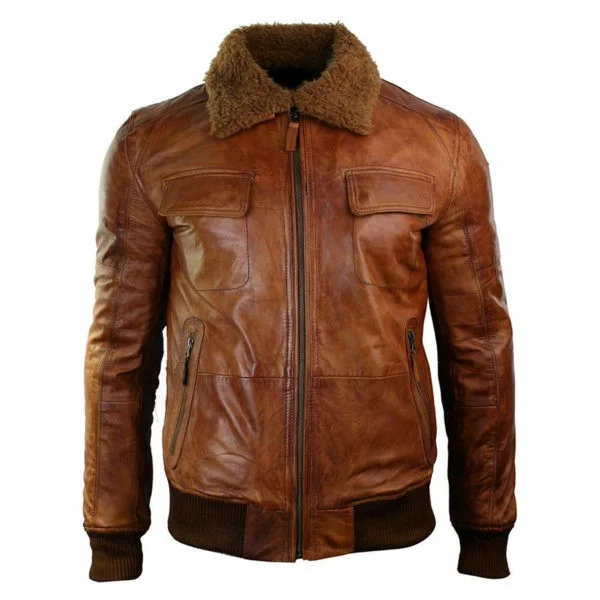 Men's Distressed Brown B-3 Shearling Fur Collar Leather Jacket Front Pockets Side Pockets Patch Pockets Men's Distressed Brown B-3 Shearling Fur Collar Leather Jacket Front Pockets Side Pockets Patch Pockets