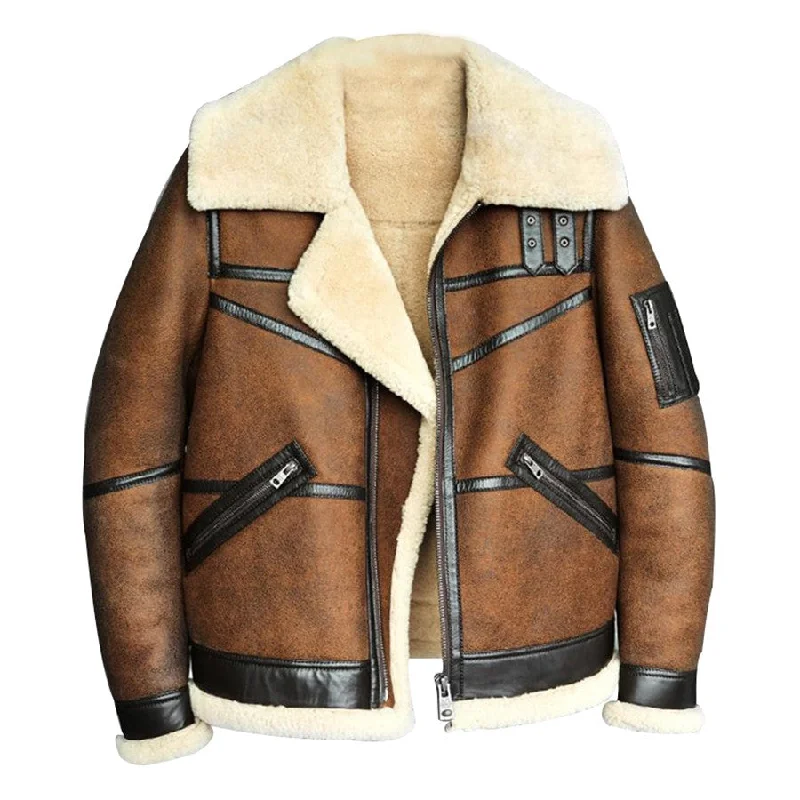 Men's Distressed Brown Shearling Sheepskin Leather Bomber Jacket Hooded Jacket Caped Jacket Shawl Collar Jacket Men's Distressed Brown Shearling Sheepskin Leather Bomber Jacket Hooded Jacket Caped Jacket Shawl Collar Jacket