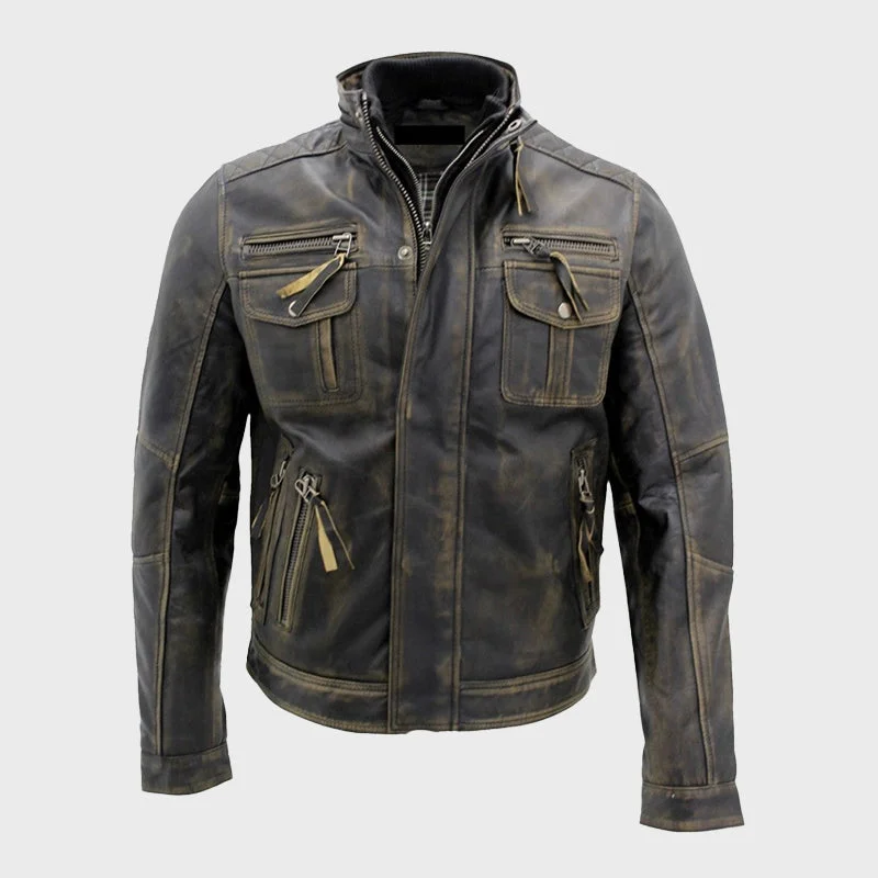 Men's Distressed Brown Vintage Cafe Racer Real Leather Jacket Cotton Fabric Linen Fabric Terry Fabric Men's Distressed Brown Vintage Cafe Racer Real Leather Jacket Cotton Fabric Linen Fabric Terry Fabric