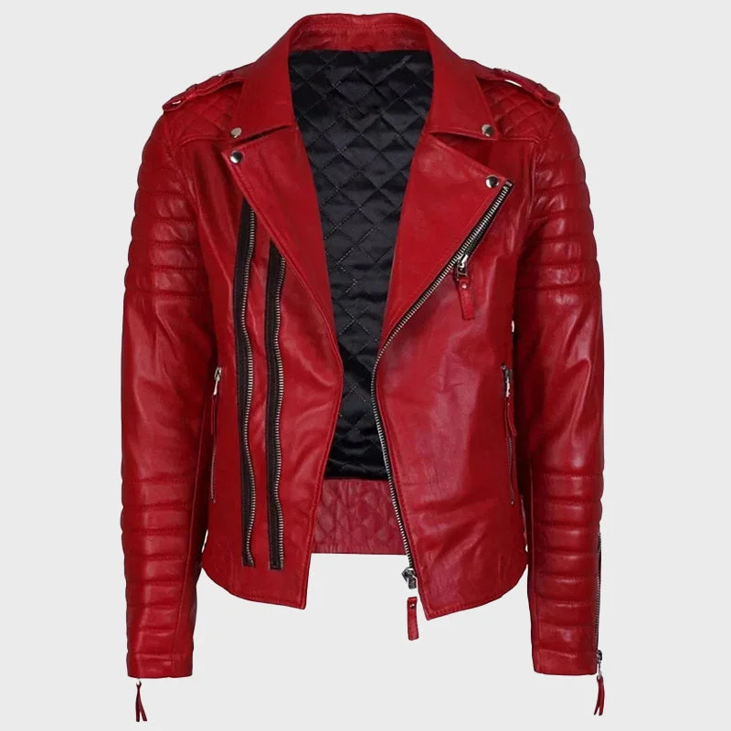 Men's Red Quilted Biker Leather Jacket Satin Jacket Silk Jacket Chiffon Jacket