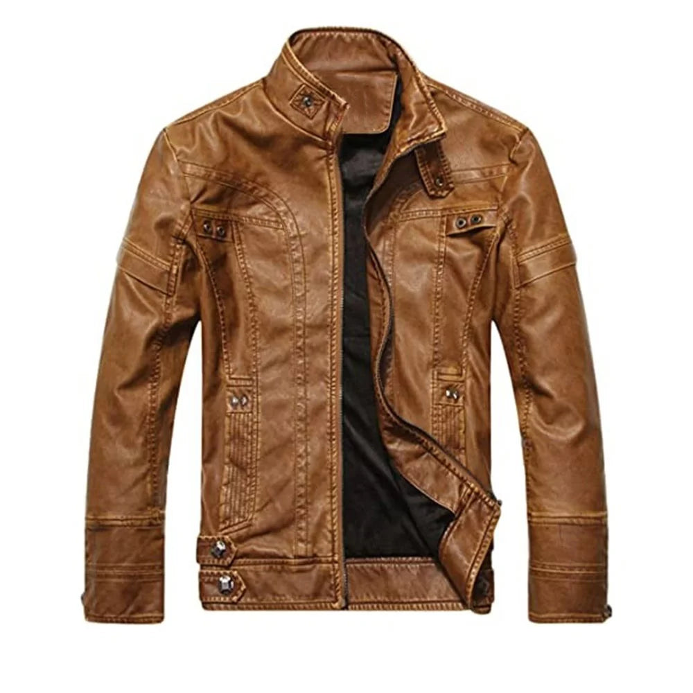 Men's Slim fit Brown Leather Jacket Denim Fabric Leather Fabric Suede Fabric