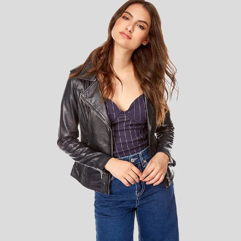 Mya Black Biker Leather Jacket Tailored Jacket Straight Jacket A-Line Jacket