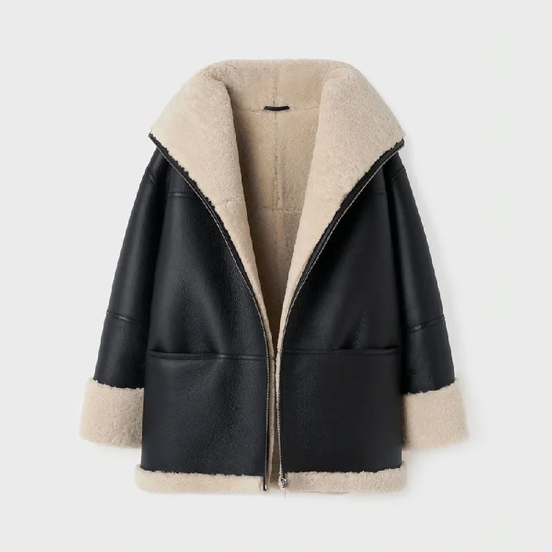 New Sheepskin Shearling RAF Aviator Styled Leather Jacket For Women Snapped Jacket Toggled Jacket Drawstring Jacket New Sheepskin Shearling RAF Aviator Styled Leather Jacket For Women Snapped Jacket Toggled Jacket Drawstring Jacket