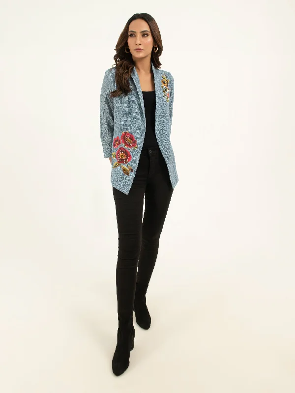 Embellished Khaddar Jacket A-Line Jacket Boat Neck Shawl Collar