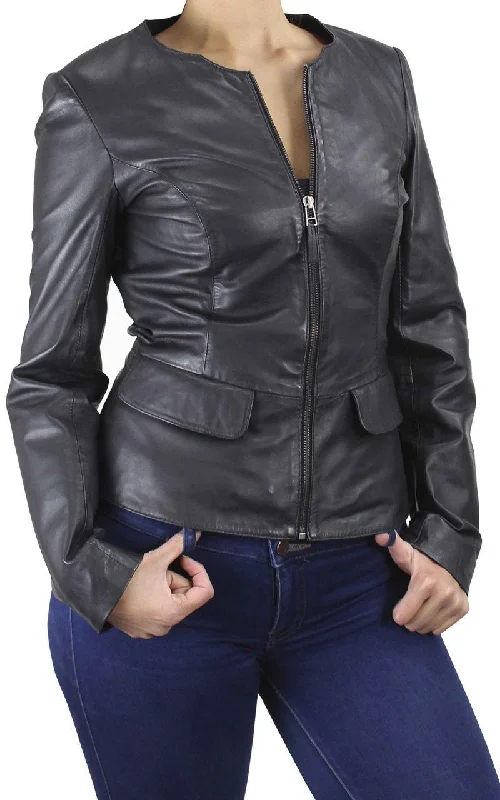 Paullete Collarless Women's Black Zip Leather Jacket Fleece Jacket Down Jacket Feather Jacket Paullete Collarless Women's Black Zip Leather Jacket Fleece Jacket Down Jacket Feather Jacket