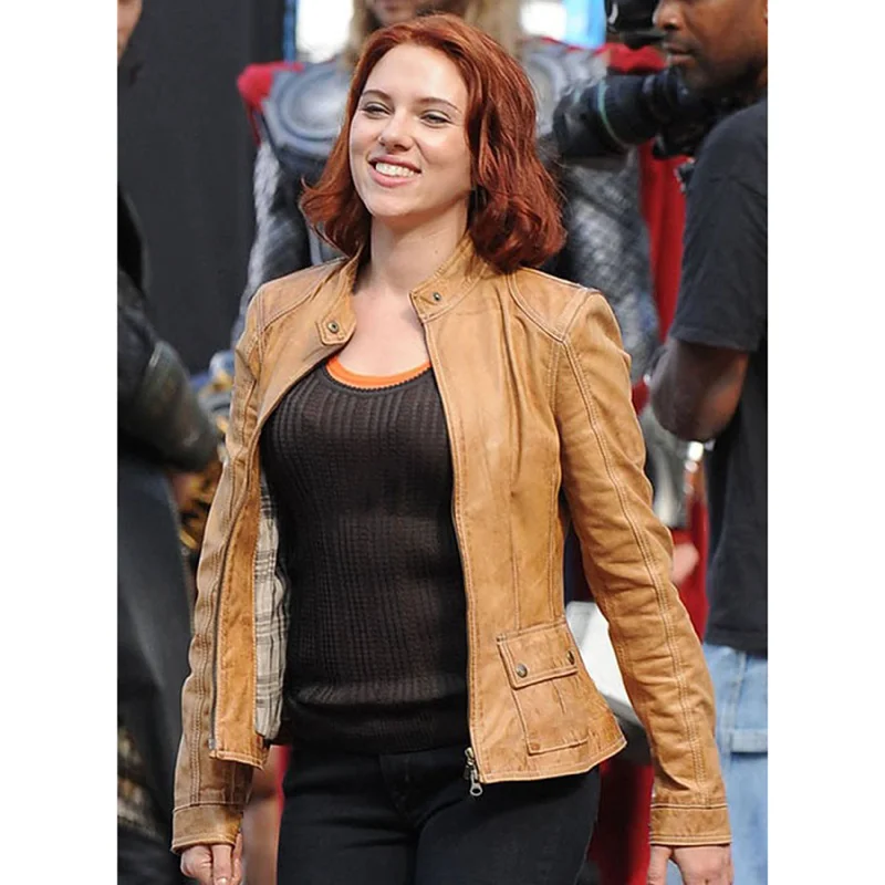 Scarlett Johansson The Avengers Leather Jacket Tan Hooded Jacket Caped Jacket Shawl Collar Jacket Scarlett Johansson The Avengers Leather Jacket Tan Hooded Jacket Caped Jacket Shawl Collar Jacket