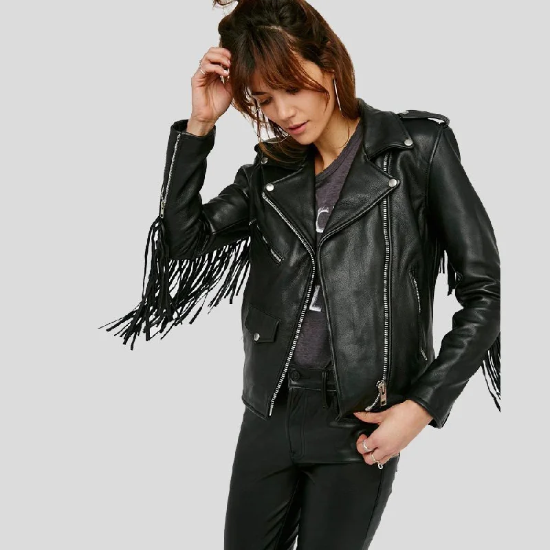 Sloane Black Biker Leather Jacket Tassels Satin Jacket Silk Jacket Chiffon Jacket