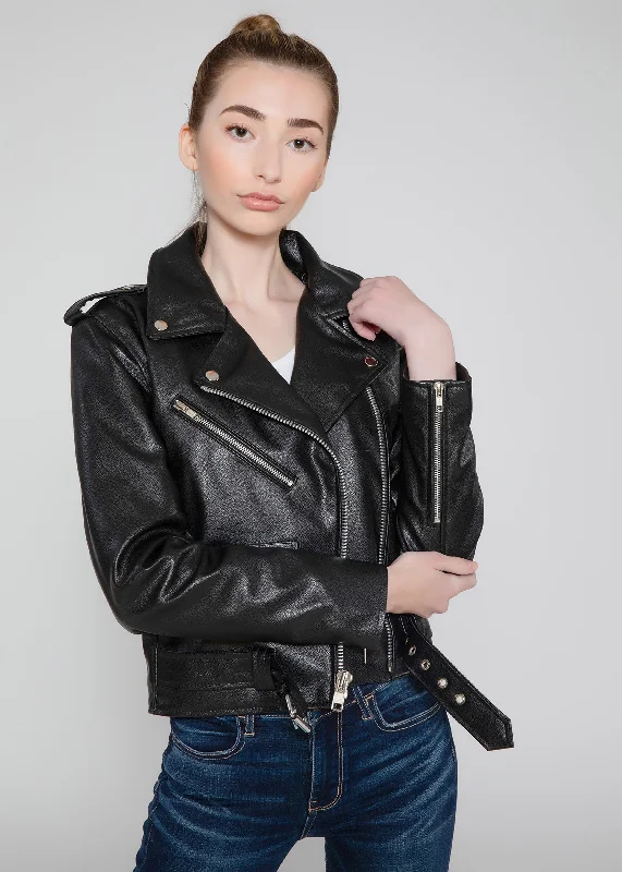 Women's Vegan Moto Style Faux Leather Jacket A-Line Jacket Boat Neck Shawl Collar