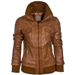 Super Mekkway Women Bomber Brown Leather Jackets Front Pockets Side Pockets Patch Pockets