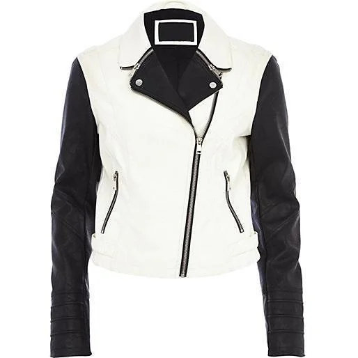 Super White Women Classic Leather Jackets Welt Pockets Slit Pockets Flap Pockets