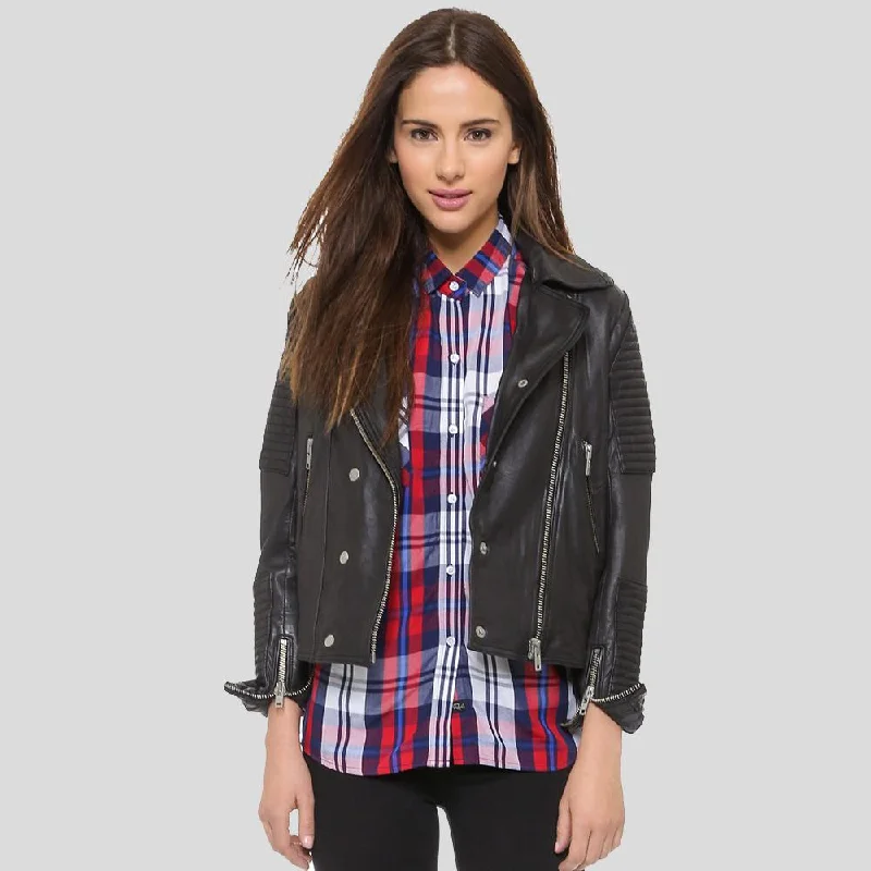 Sylvie Black Motorcycle Quilted Leather Jacket V-Neck Jacket Boat Neck Jacket Square Neck Jacket Sylvie Black Motorcycle Quilted Leather Jacket V-Neck Jacket Boat Neck Jacket Square Neck Jacket