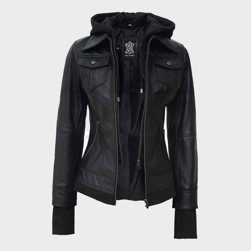 Womens Black Leather Motorcycle Jacket with Hood Tiered Jacket Buttoned Jacket Zippered Jacket Womens Black Leather Motorcycle Jacket with Hood Tiered Jacket Buttoned Jacket Zippered Jacket