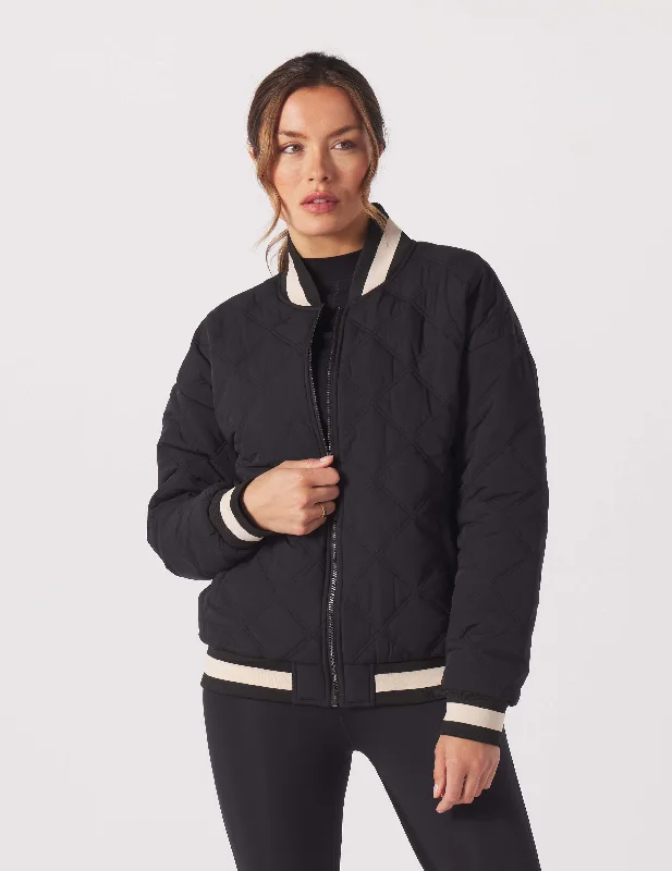 Varsity Jacket: Black/Oatmilk Stand-Up Collar Roll-Neck Collar Turtle Neck