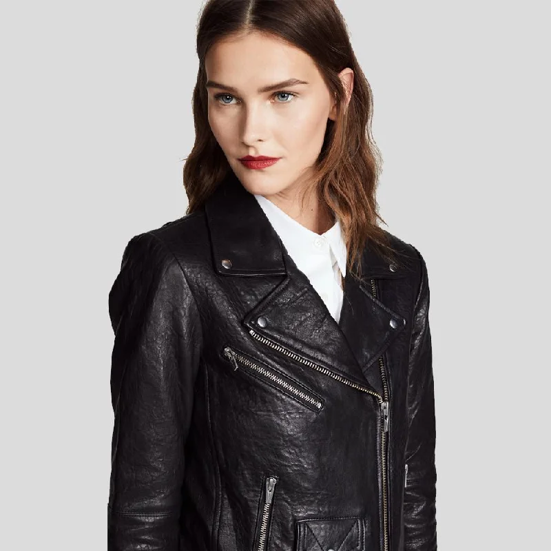 Vienna Black Biker Leather Jacket Zip Front Button Front Snap Front