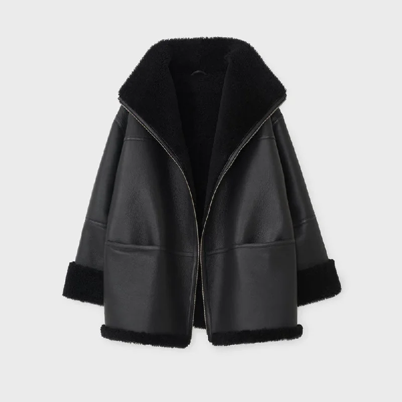 Women Aviator Black Styled Shearling Sheepskin Leather Jacket Satin Jacket Silk Jacket Chiffon Jacket Women Aviator Black Styled Shearling Sheepskin Leather Jacket Satin Jacket Silk Jacket Chiffon Jacket