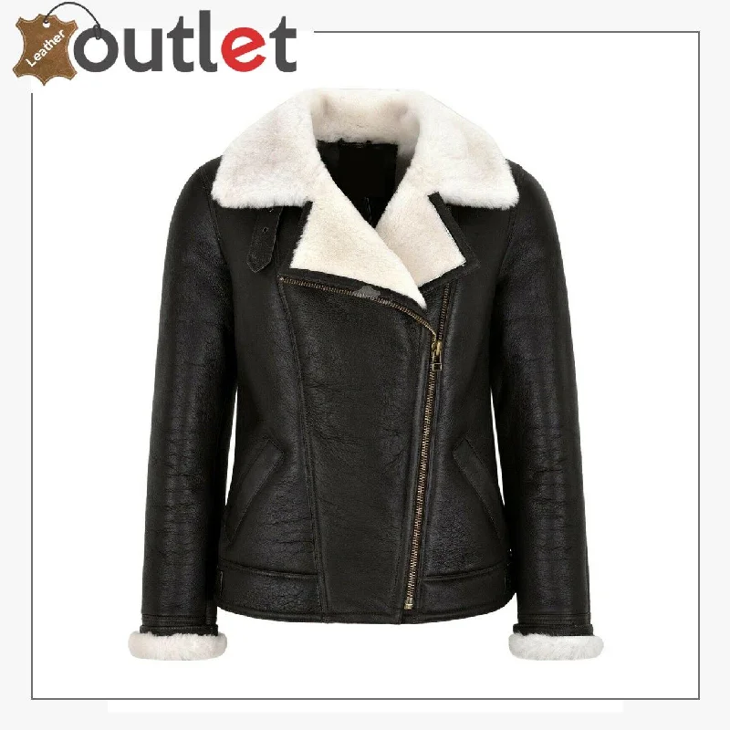 Women Sheepskin Jacket White Real Shearling Fur Pilot Warm Bomber Jacket Zippered Front Buttoned Front Snap Front Women Sheepskin Jacket White Real Shearling Fur Pilot Warm Bomber Jacket Zippered Front Buttoned Front Snap Front