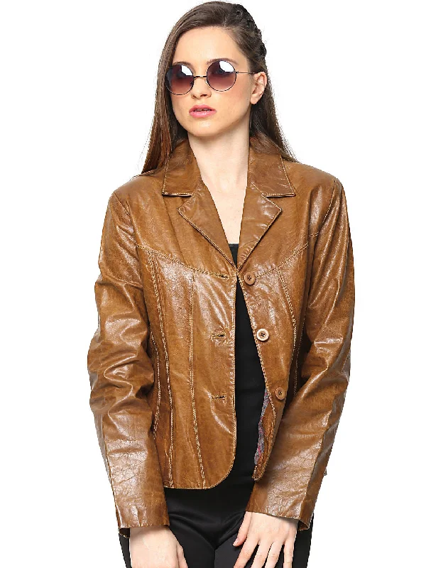 Women Tan Brown Leather Jacket Nylon Jacket Polyester Jacket Spandex Jacket