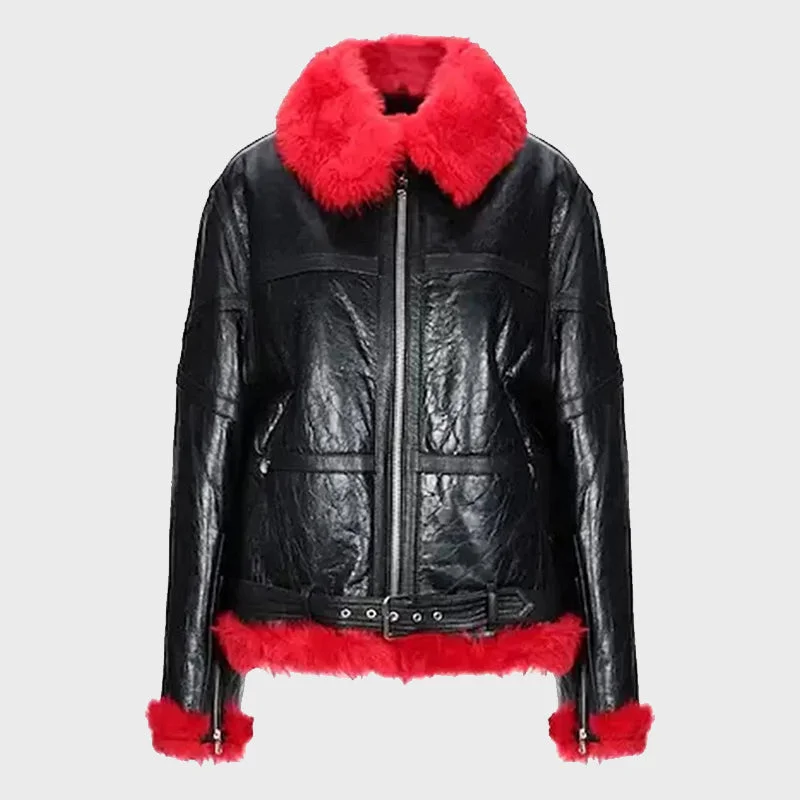 Women's Alexander McQueen Aviator Red Shearling Jacket Mesh Jacket Canvas Jacket Denim Jacket Women's Alexander McQueen Aviator Red Shearling Jacket Mesh Jacket Canvas Jacket Denim Jacket