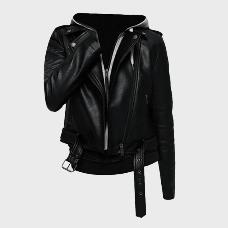 Women's Black Biker Hooded Leather Jacket Satin Fabric Silk Fabric Chiffon Fabric